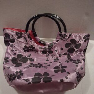 Vintage Hand Carry Purse Satin Fabric Double Handle Purple & Black Floral